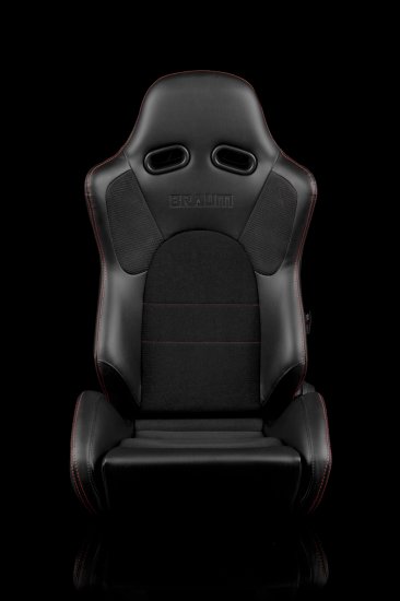 (image for) Braum Advan Black Leatherette Black Insert Fabric Carbon Fiber Mixed Sport Reclining Seats - Red Stitches - Pair